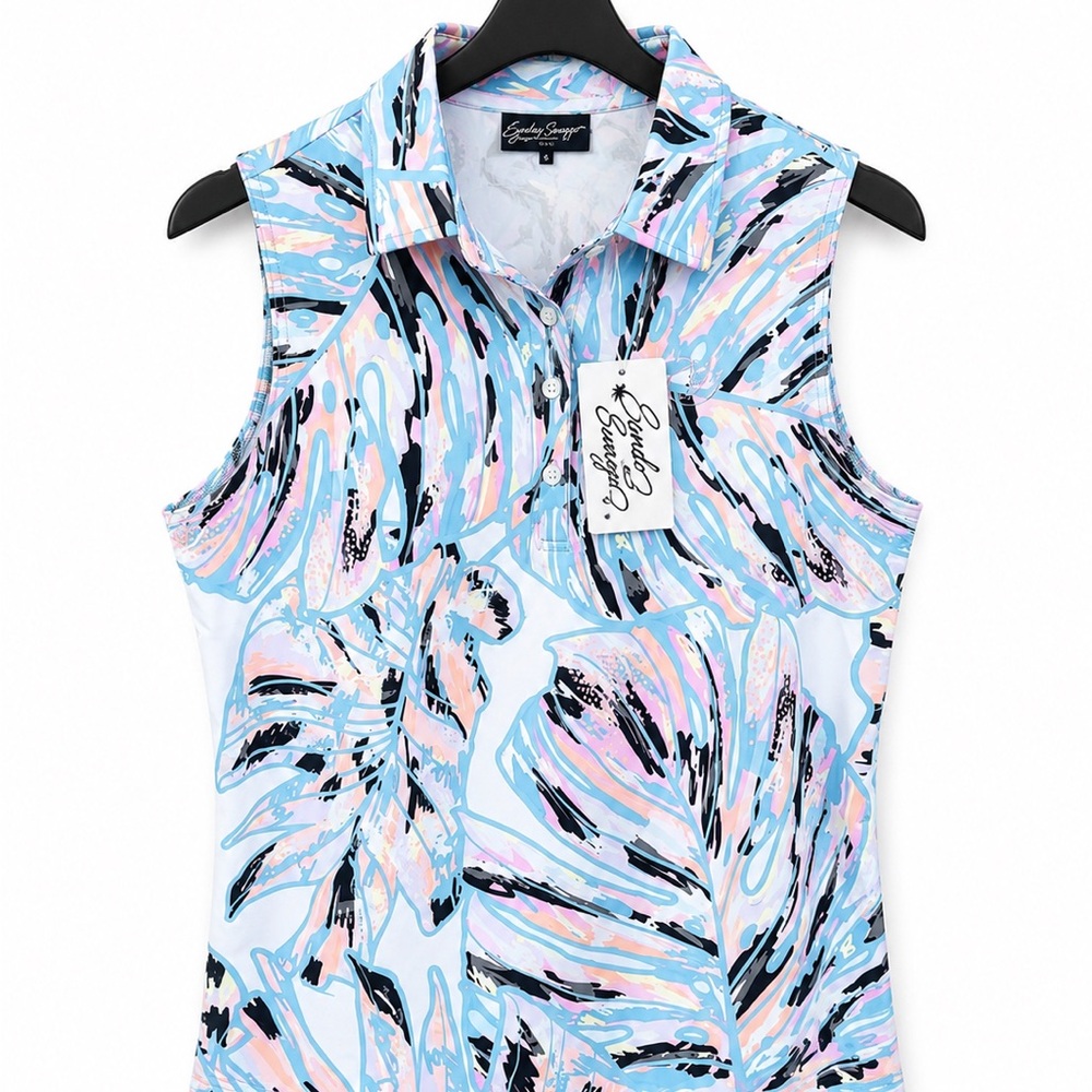 Sunday Swagger Sleeveless Collared Golf Polo in Pastel Blue & Pink